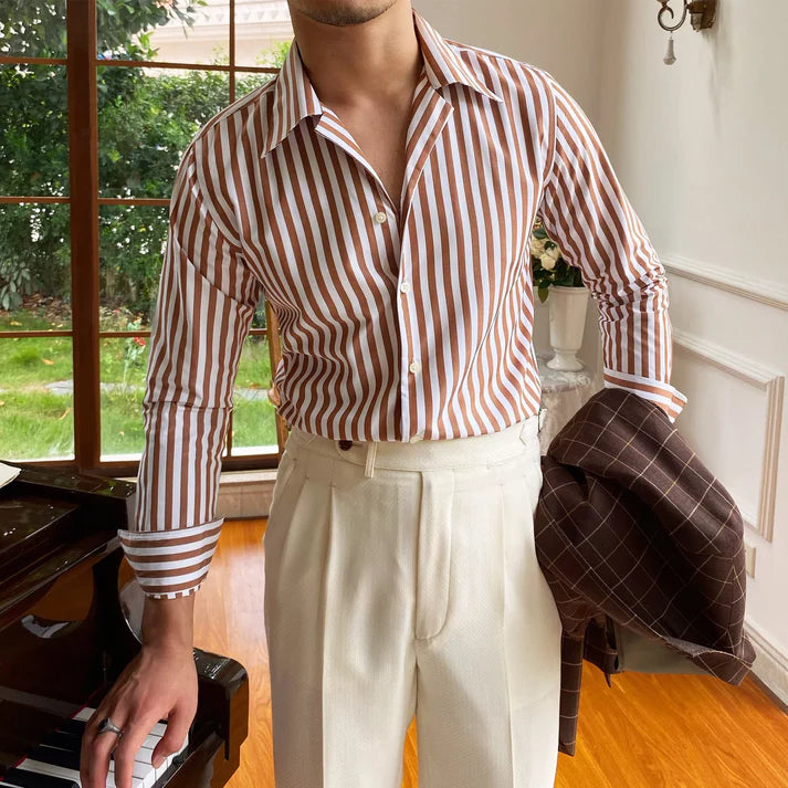 Brown And White Awning Stripes Super Soft Cotton Shirt